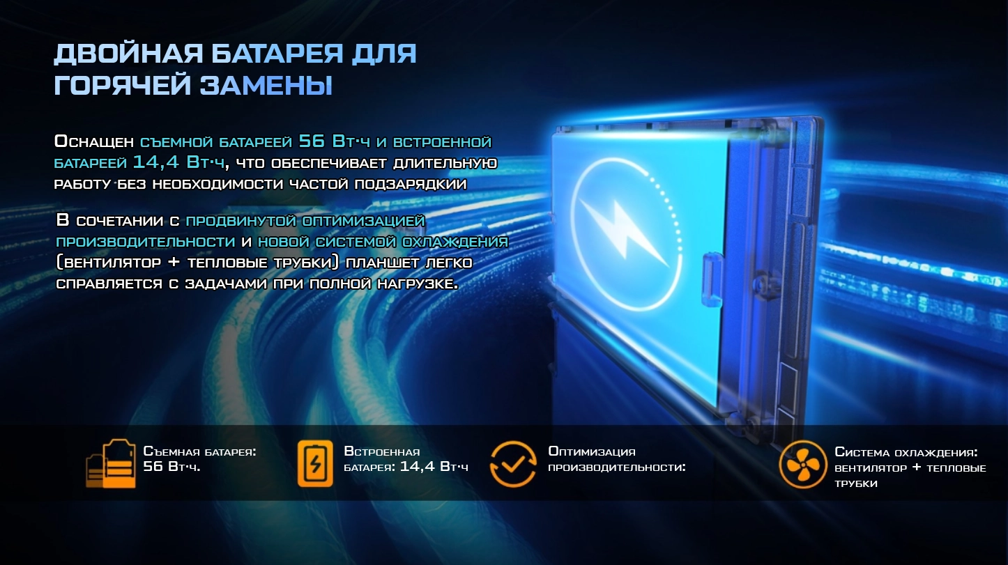 ДВОЙНАЯ БАТАРЕЯ ДЛЯ ГОРЯЧЕЙ ЗАМЕНЫ Особенности: Съемная батарея: 56 Вт·ч — возможность замены без отключения устройства. Встроенная батарея: 14,4 Вт·ч — резервное питание для непрерывной работы. Продвинутая оптимизация производительности — эффективное управление энергопотреблением. Система охлаждения: вентилятор + тепловые трубки — стабильная работа даже при полной нагрузке. Преимущества: Длительная автономность в полевых условиях. Возможность горячей замены батареи (без прерывания работы). Защита от перегрева благодаря комбинированной системе охлаждения.