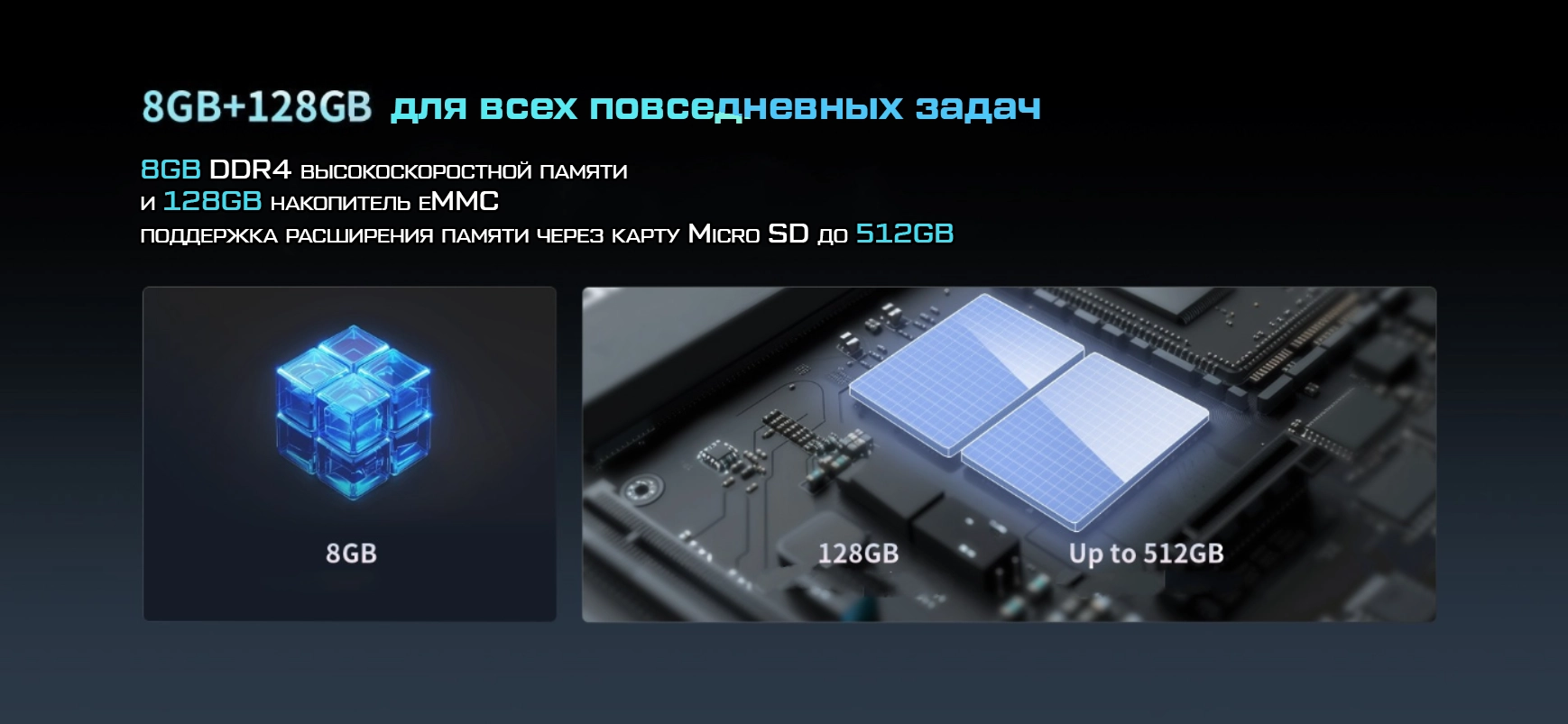 8GB оперативной памяти DDR4 и 128GB накопитель eMMC с поддержкой расширения через Micro SD до 512GB для всех повседневных задач