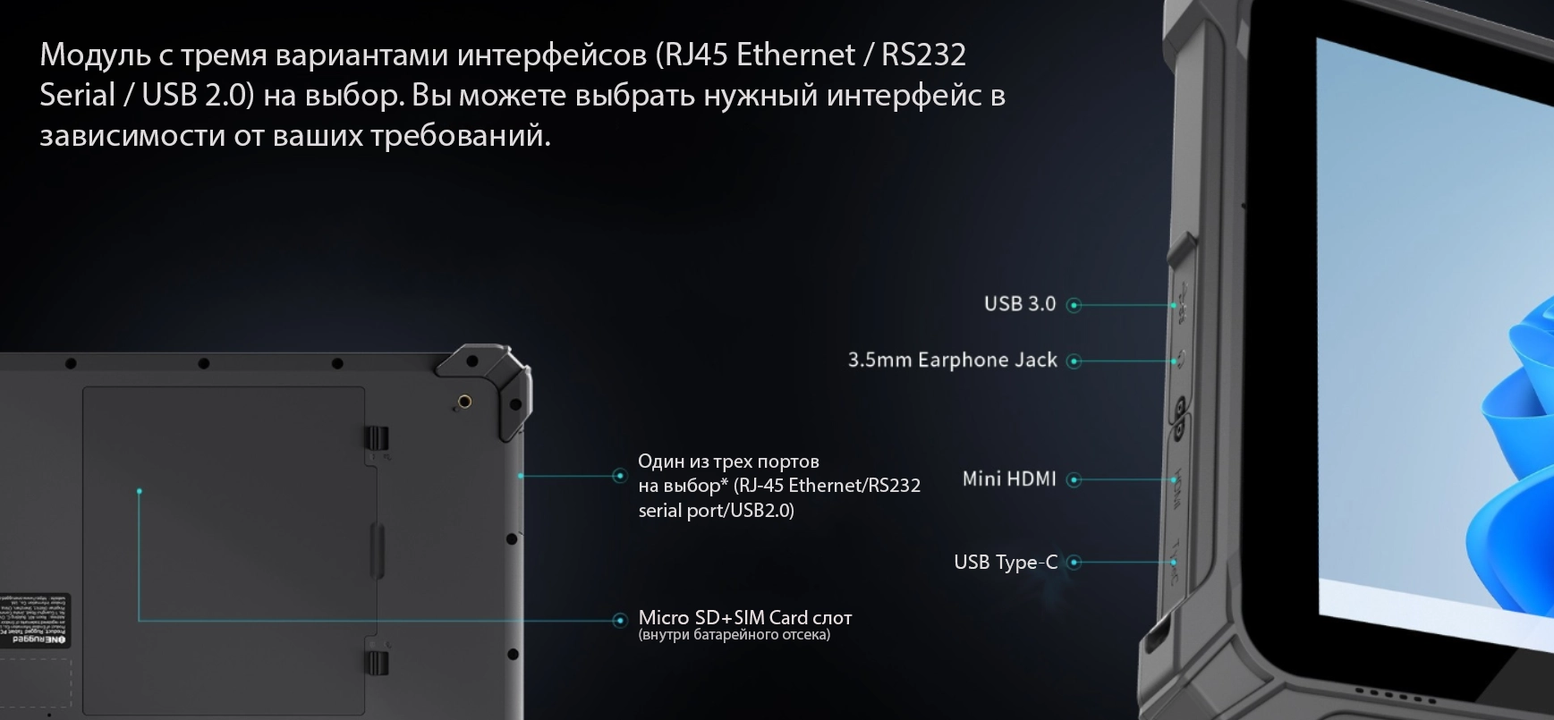 Интерфейсы планшета: USB 3.0, Type-C, mini HDMI, аудиоразъём, слот Micro SD + SIM, выбор между RJ45, RS232 и USB 2.0.